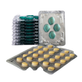Two blister packs of pills on a white background, with one pack showing yellow tablets and the other showing green tablets.