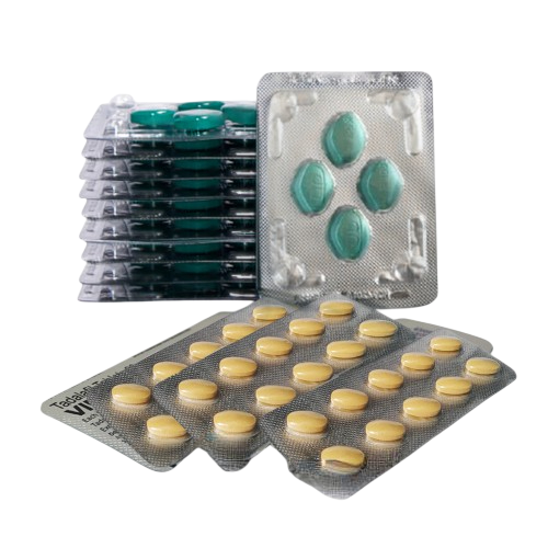 Two blister packs of pills on a white background, with one pack showing yellow tablets and the other showing green tablets.