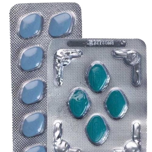 Two silver blister packs containing oval-shaped pills, one filled with light blue pills and the other with teal-green pills, shown on a white background.