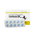 A box of Cenforce-25 Sildenafil Citrate Tablets with a blister pack of ten blue oval tablets in front, on a plain white background.