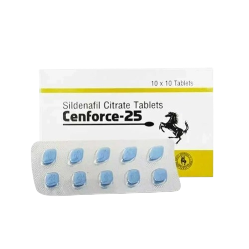 A box of Cenforce-25 Sildenafil Citrate Tablets with a blister pack of ten blue oval tablets in front, on a plain white background.