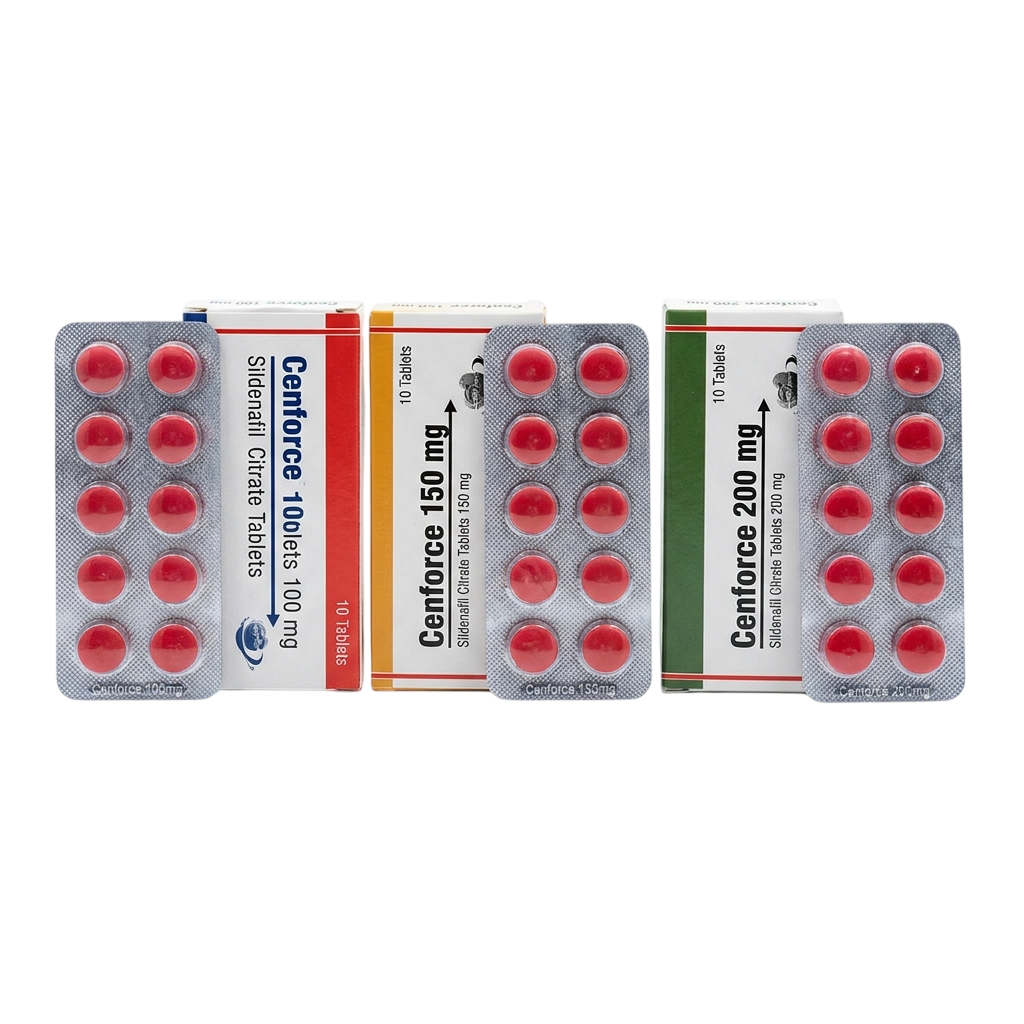 Three boxes of Centforce oral citrate tablets in 100 mg, 150 mg, and 200 mg strengths, shown alongside three silver foil blister packs containing red oval tablets, arranged on a plain white background.