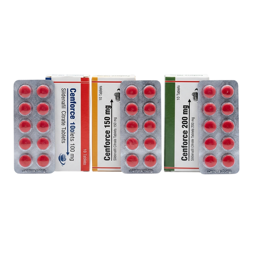 Three boxes of Centforce oral citrate tablets in 100 mg, 150 mg, and 200 mg strengths, shown alongside three silver foil blister packs containing red oval tablets, arranged on a plain white background.