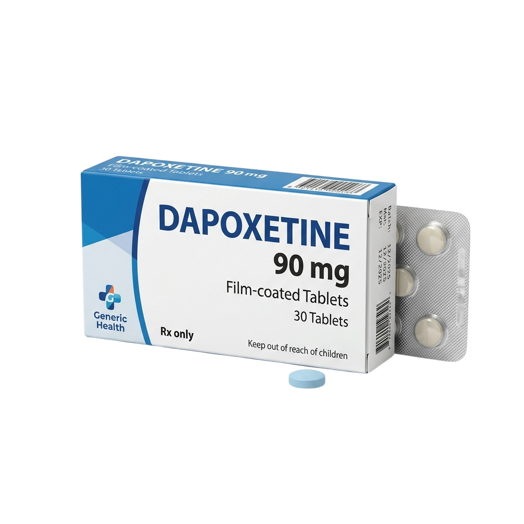 A box of Generic Health Dapoxetine 90 mg film-coated tablets, shown with a silver blister pack containing three white round tablets and one loose light blue tablet in front, on a plain white background.