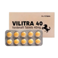 Vilitra 40 Vardenafil Tablets 40mg packaging box and a blister pack of 10 yellow round tablets on a white background.